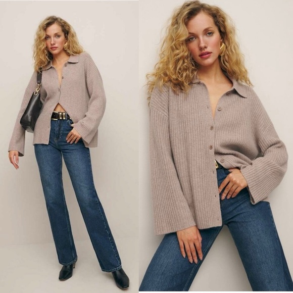 Reformation Fantino Cashmere Collared Cardigan Pullover Sweater Size Large - Picture 1 of 7